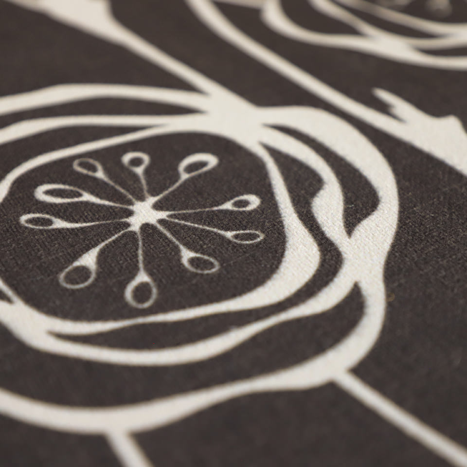 Close up of Peonies in a repeating pattern with urbane bronze brown background and peonies in snowbound cream on a washable indoor floor mat.