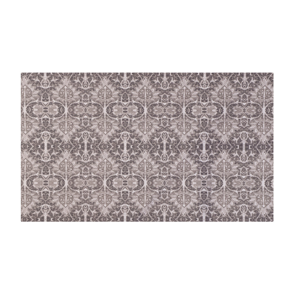 Neutral Persian style rug with greys, tans, and browns in a repeating ornate pattern on a washable indoor mat size medium