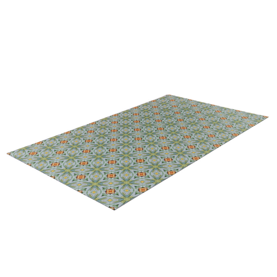 Overhead angled shot of 3x5 floor mat.  Neutral kaleidoscope pattern in aquas, apple green, and hints of orange on this low profile washable interior floor mat.