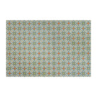 Neutral kaleidoscope pattern in aquas, apple green, and hints of orange on this low profile washable interior floor mat.