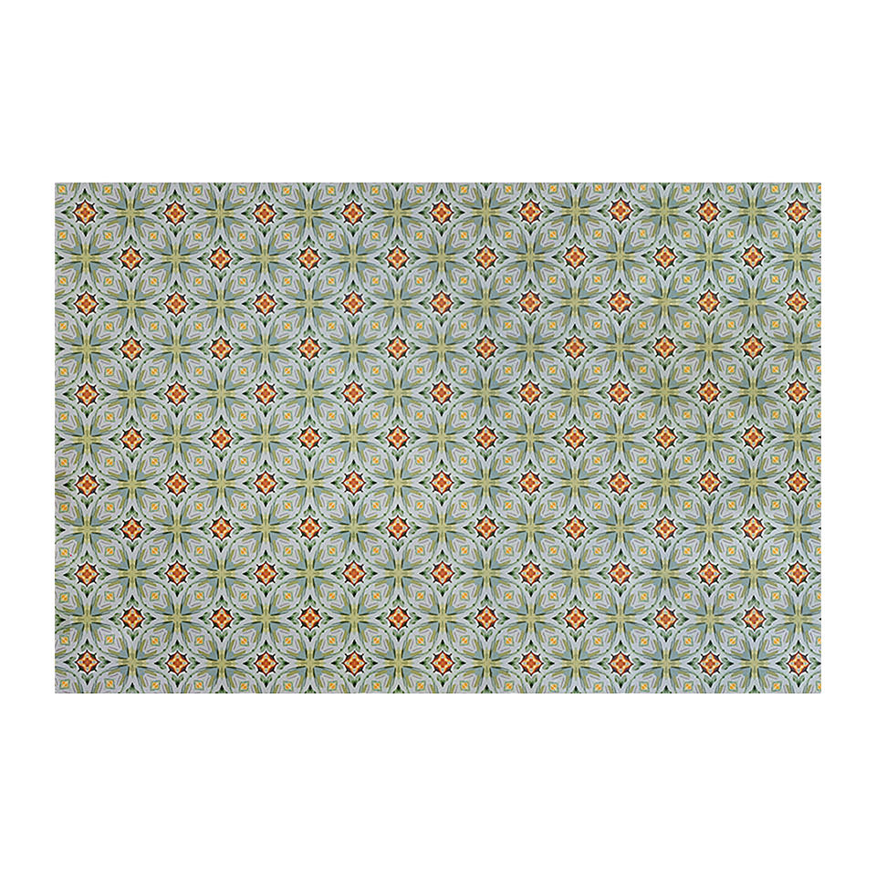 Neutral kaleidoscope pattern in aquas, apple green, and hints of orange on this low profile washable interior floor mat.