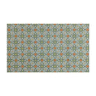 Neutral kaleidoscope pattern in aquas, apple green, and hints of orange on this low profile washable interior floor mat.