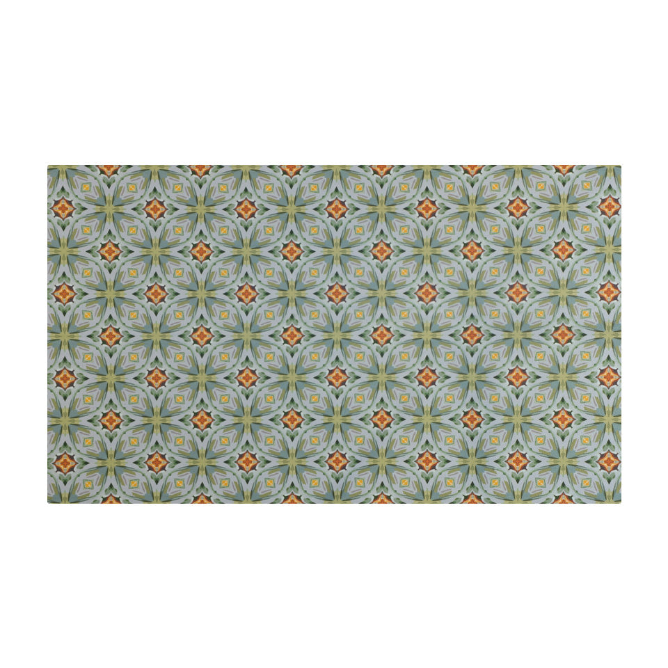 Neutral kaleidoscope pattern in aquas, apple green, and hints of orange on this low profile washable interior floor mat.
