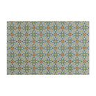 Neutral kaleidoscope pattern in aquas, apple green, and hints of orange on this low profile washable interior floor mat.