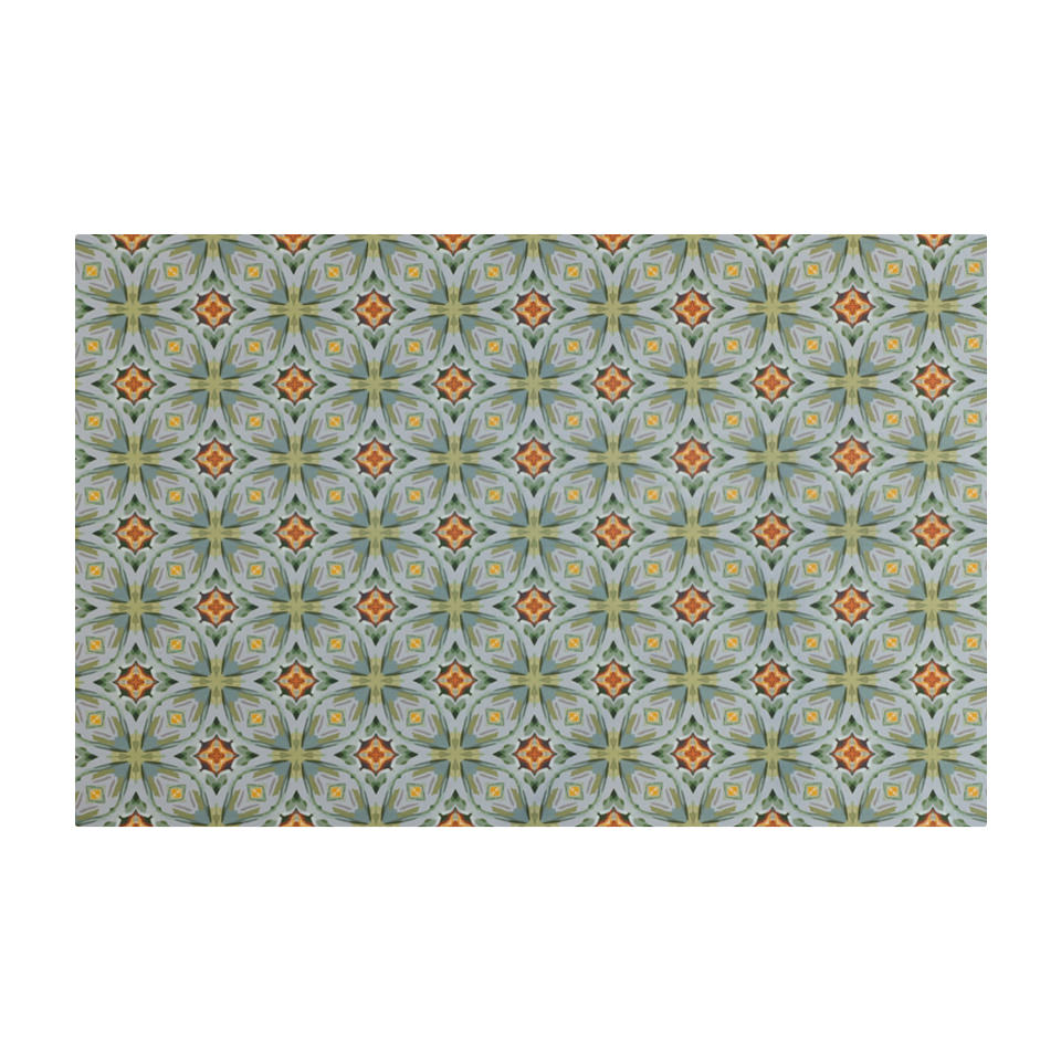 Neutral kaleidoscope pattern in aquas, apple green, and hints of orange on this low profile washable interior floor mat.