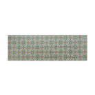 Kitchen runner sized Neutral kaleidoscope pattern in aquas, apple green, and hints of orange on this low profile washable interior floor mat.