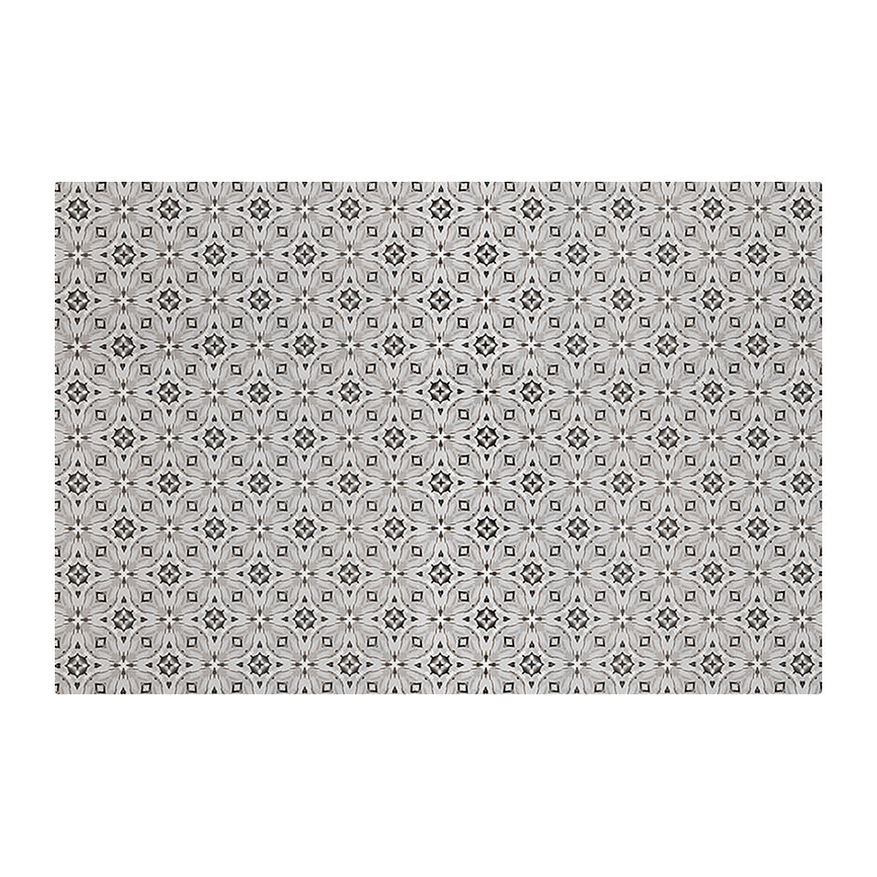 Neutral kaleidoscope pattern in shiitake tan and urbane bronze brown with touches of storm cloud blue on this low profile washable interior floor mat.