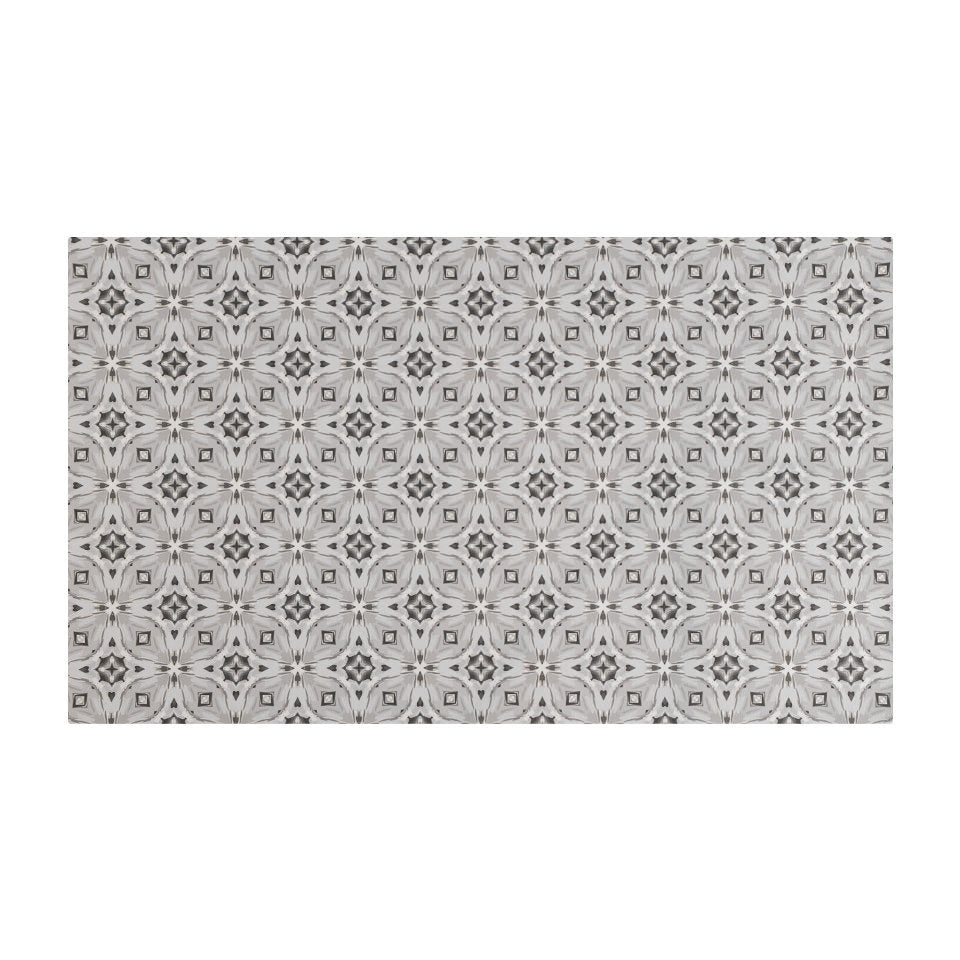 Neutral kaleidoscope pattern in shiitake tan and urbane bronze brown with touches of storm cloud blue on this low profile washable interior floor mat.