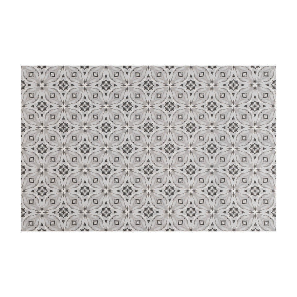 Neutral kaleidoscope pattern in shiitake tan and urbane bronze brown with touches of storm cloud blue on this low profile washable interior floor mat.