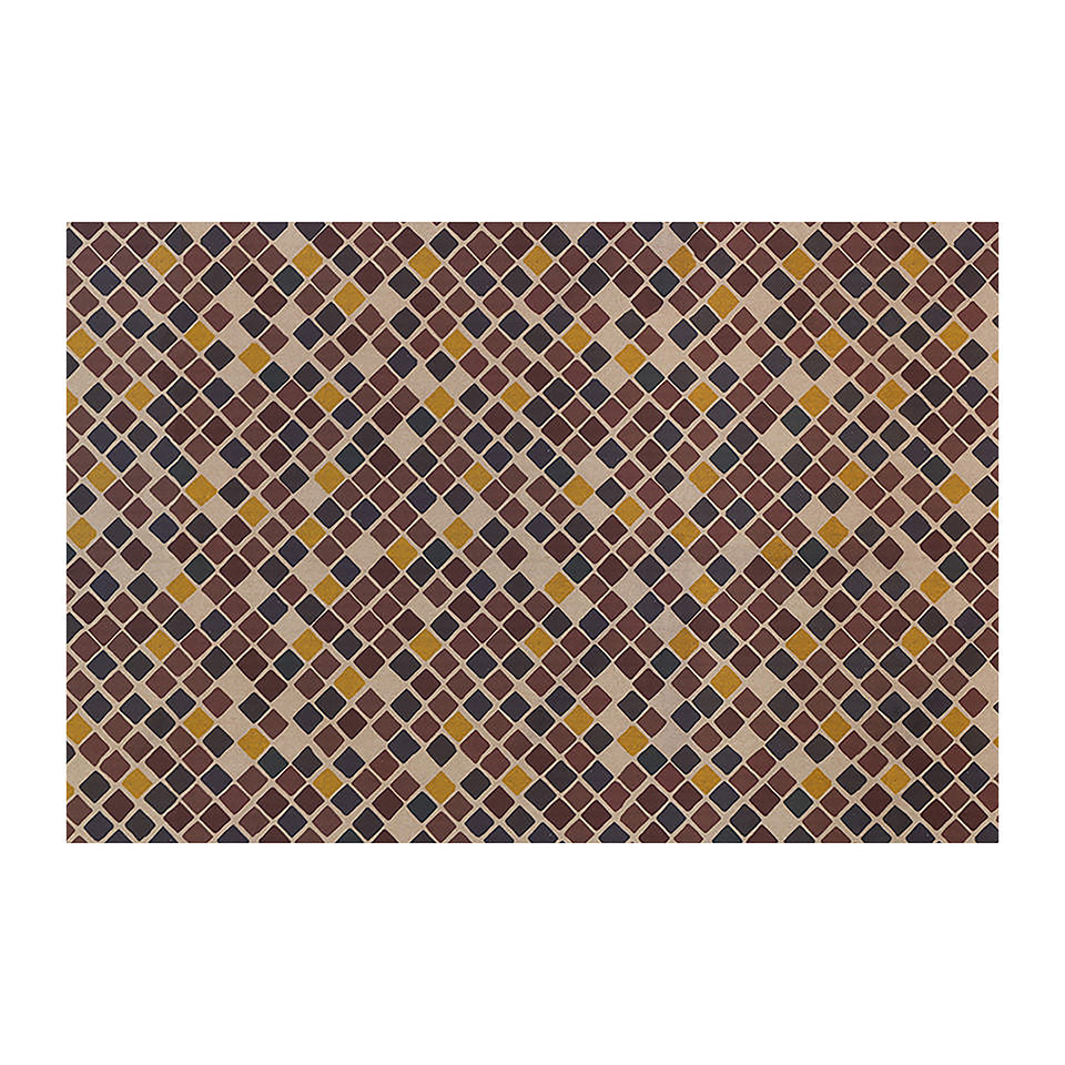 beautiful Un-Rug mat covered in tiny squares in multiple colors, dark red, yellow, dark brown, and neutral beige; size large