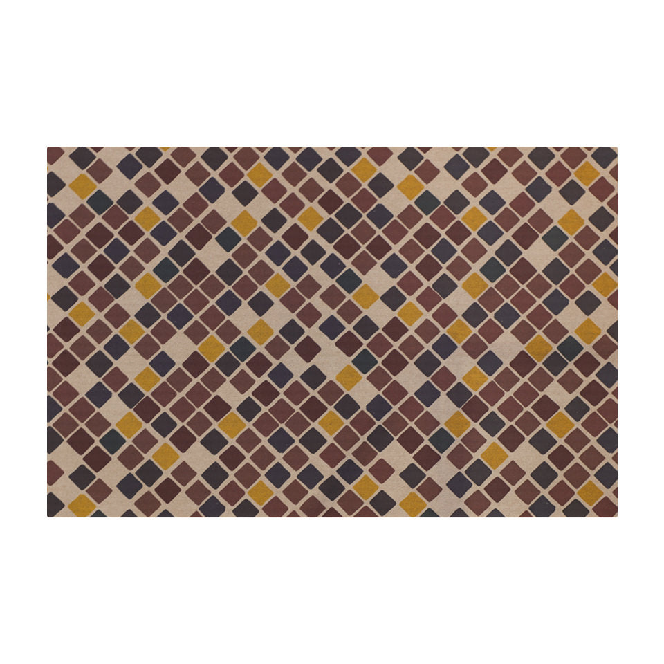 beautiful Un-Rug mat covered in tiny squares in multiple colors, dark red, yellow, dark brown, and neutral beige; size  small