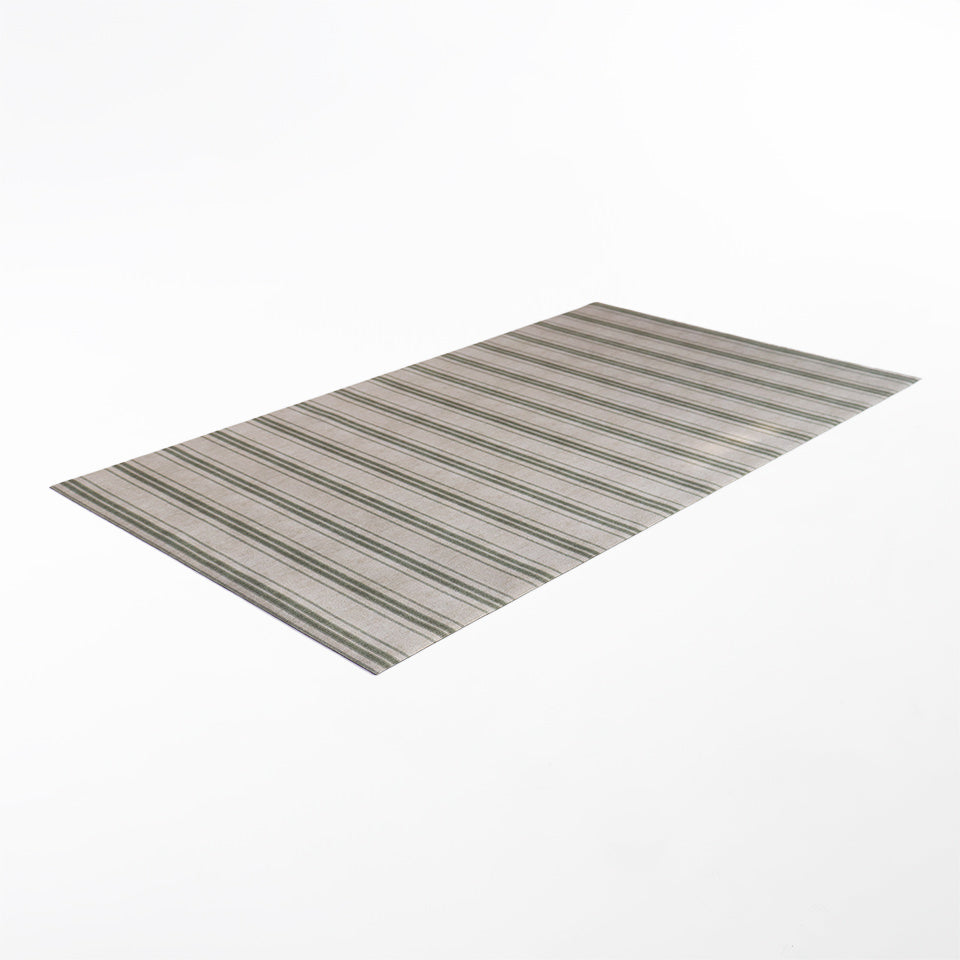 angled rectangular mat with vertical stripes and pinstripes in beige (shiitake) and earthy green