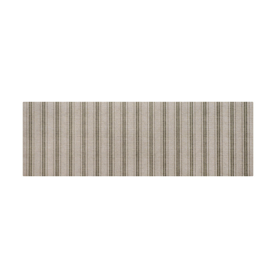 long, thin, rectangular runner with neutral beige (shiitake) base, and green stripes and pinstripes