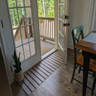 Urbane  bronze and shiitake ticking stripes on printed linen texture indoor washable rug