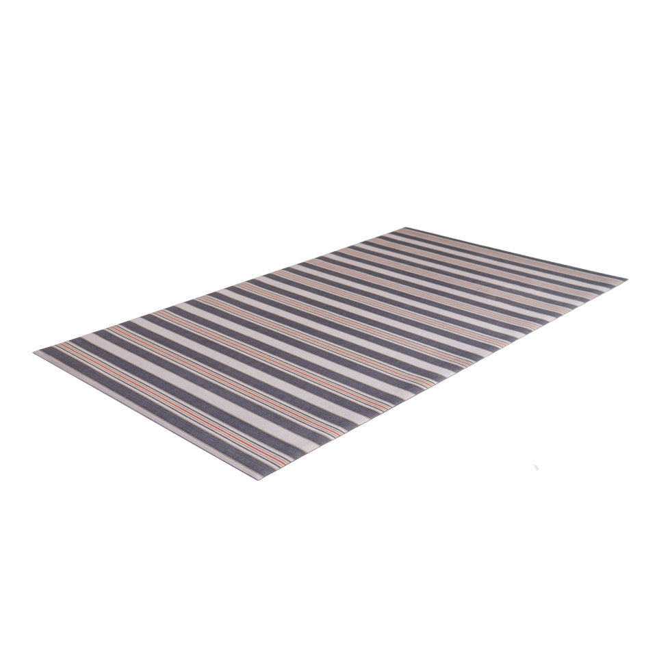 beautiful, extremely low-profile un-rug in multi colored stripes