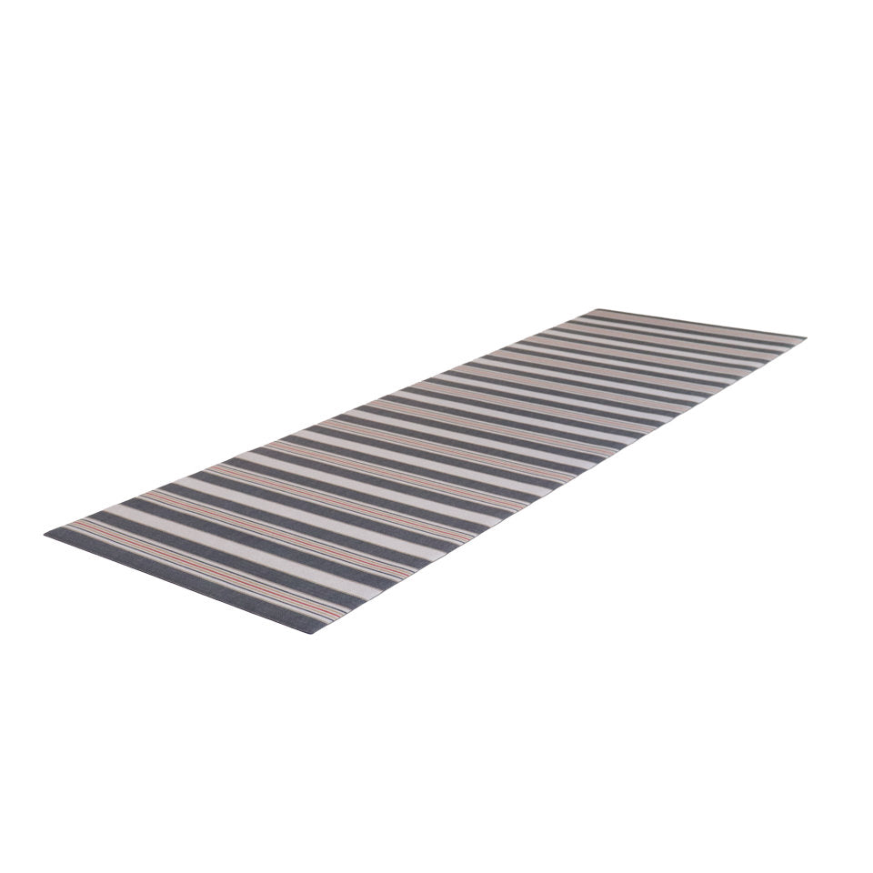 long thing runner with multi-colored stripes in grey (rock bottom) and red (chinese red) along with neutral tones