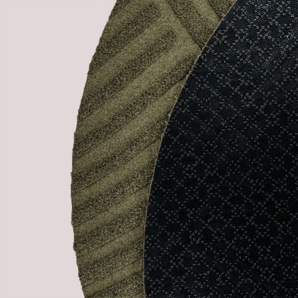 WaterHog Luxe image shows both the olive-color eco-friendly fabric and the incredibly durable rubber backing.