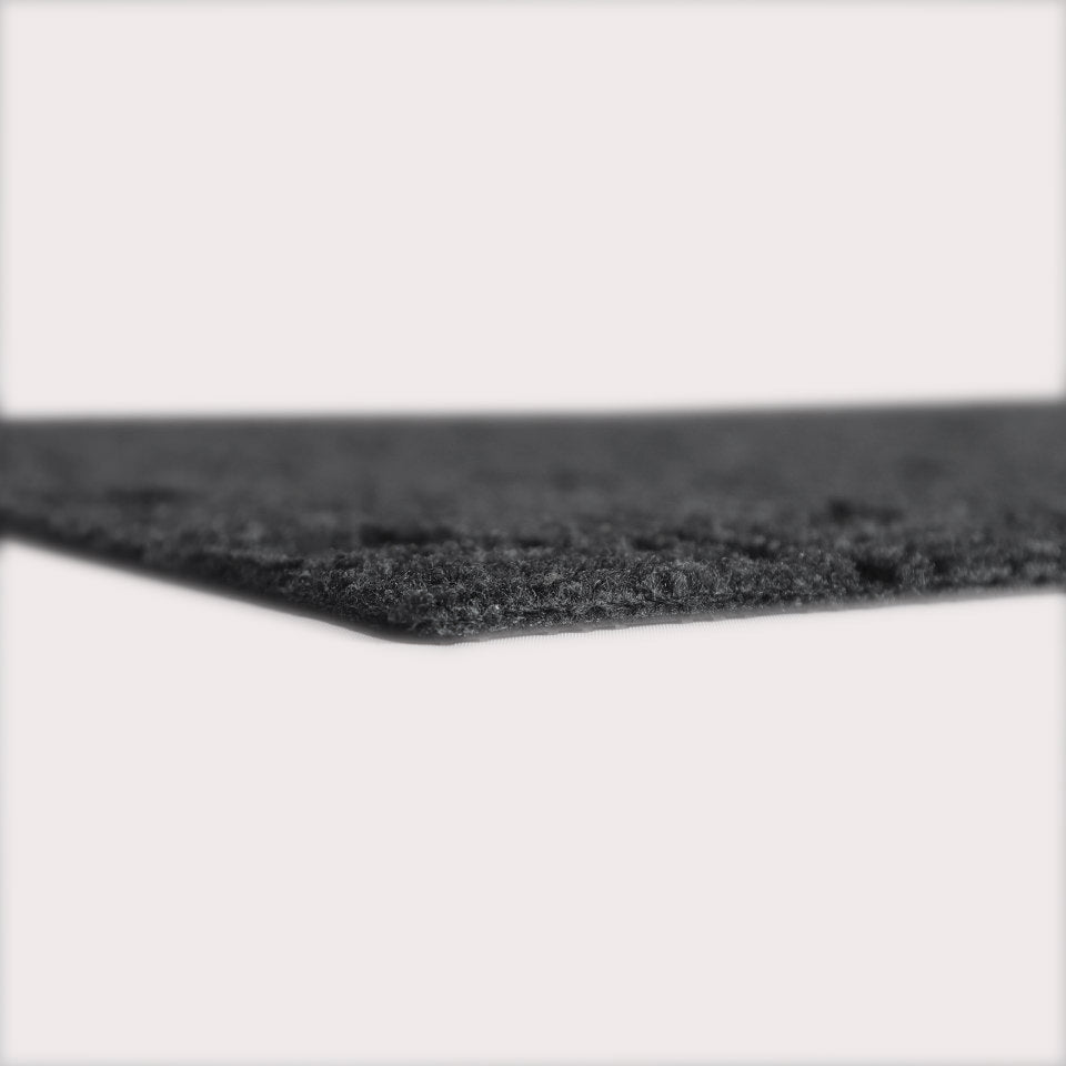 Profile corner image of the Labyrinth doormat in graphite, showing the overall 3/8” height and rubber backing.