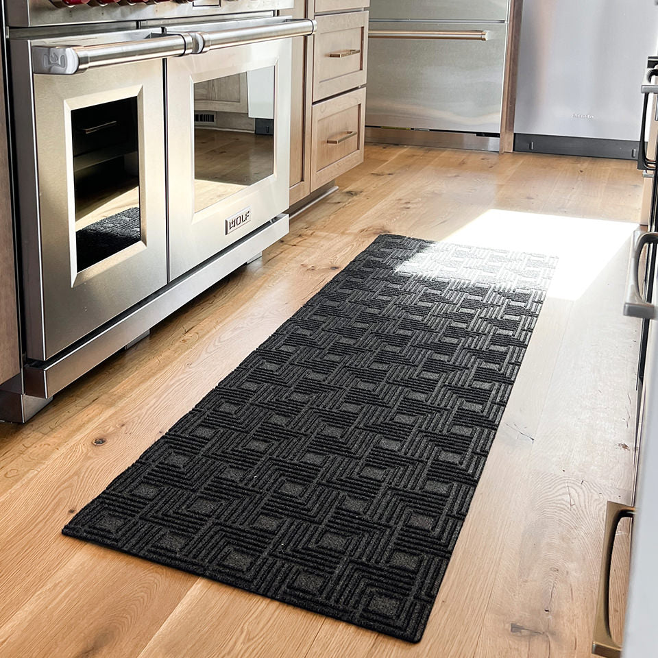 WaterHog Luxe Labyrinth kicthen runner mat; low-profile, rubber backing, and American made.