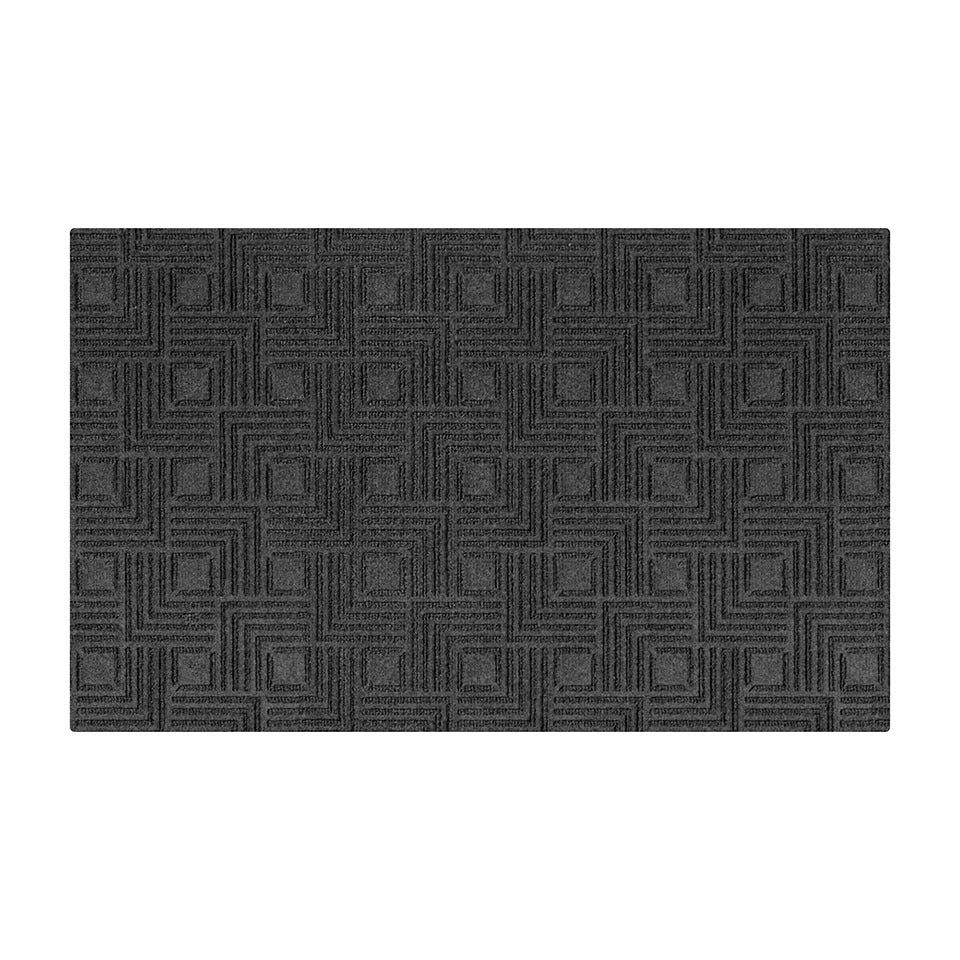Overhead image of a single-door WaterHog Luxe mat in the meandering Labyrinth pattern and graphite color, shown on a white background.