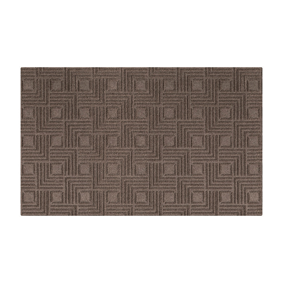 Overhead image of a single-door WaterHog Luxe mat in the meandering Labyrinth pattern and greige color, shown on a white background.