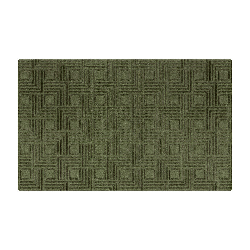 Overhead image of a single-door WaterHog Luxe mat in the meandering Labyrinth pattern and olive color, shown on a white background.