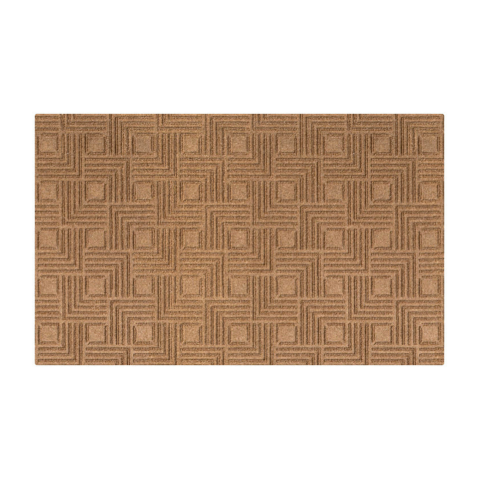 Overhead image of a single-door WaterHog Luxe mat in the meandering Labyrinth pattern and greige color, shown on a white background.