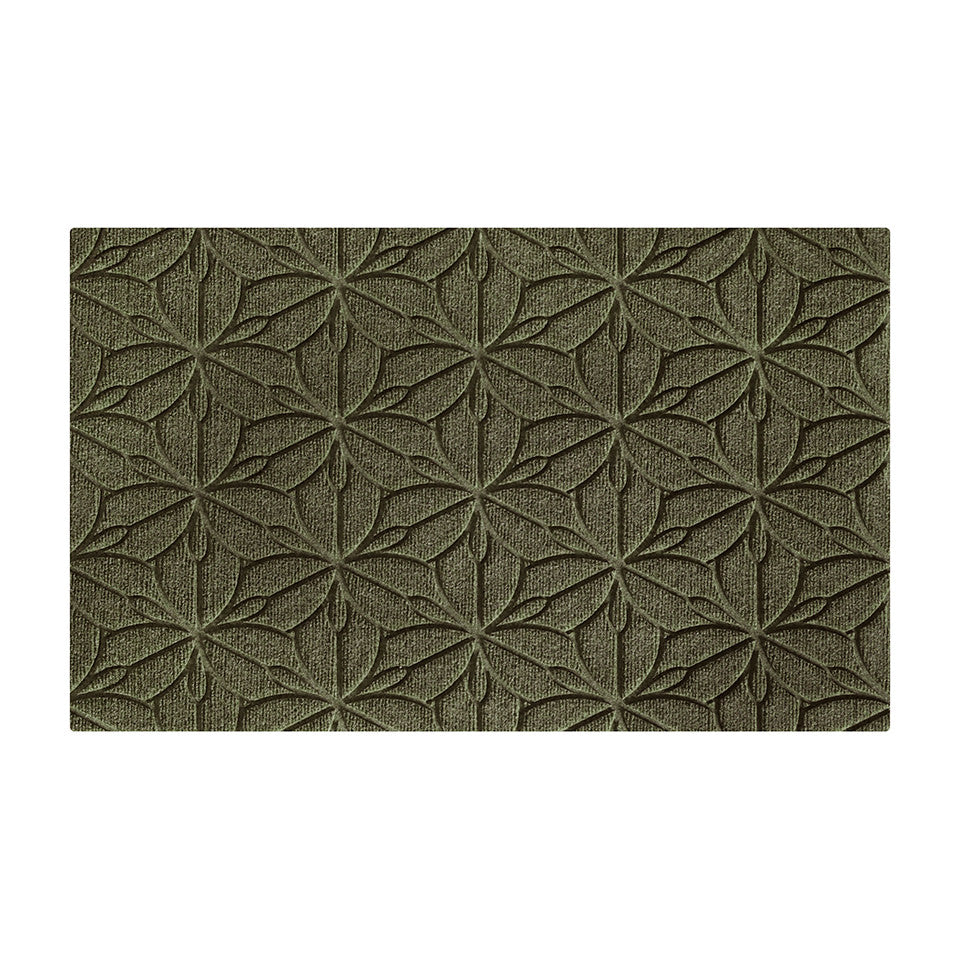 Overhead image of the single-door WaterHog Luxe mat in the floral Magnolia pattern and earthy olive color.
