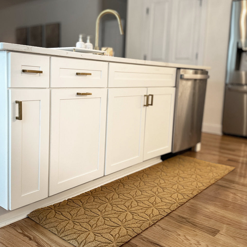 WaterHog Luxe Magnolia floral design in wheat, double door at the kitchen sink with all rubber backing.