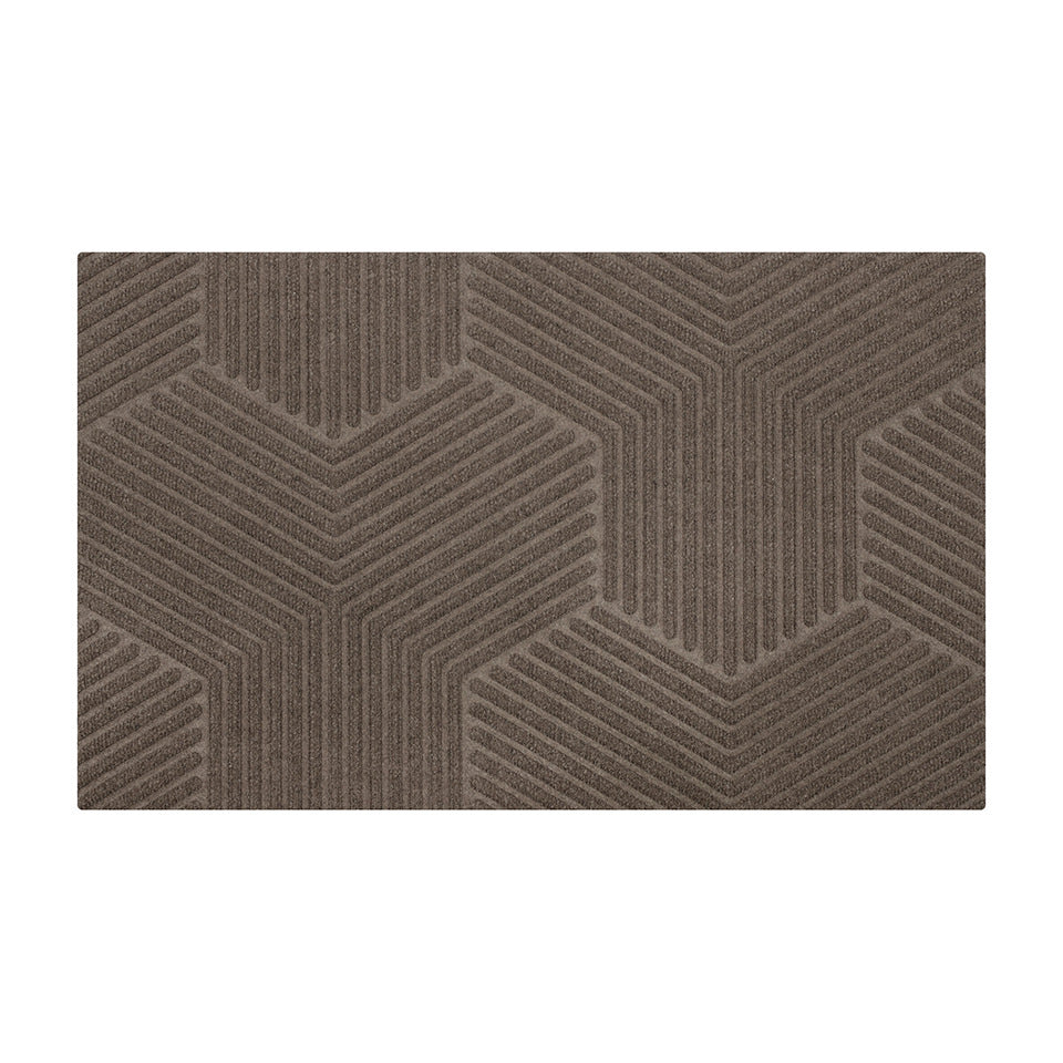 Greige zephyr single door doormat with geometric pattern.