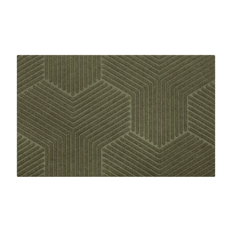 Zephyr geometric pattern doormat in olive green. All weather bi-level doormat design