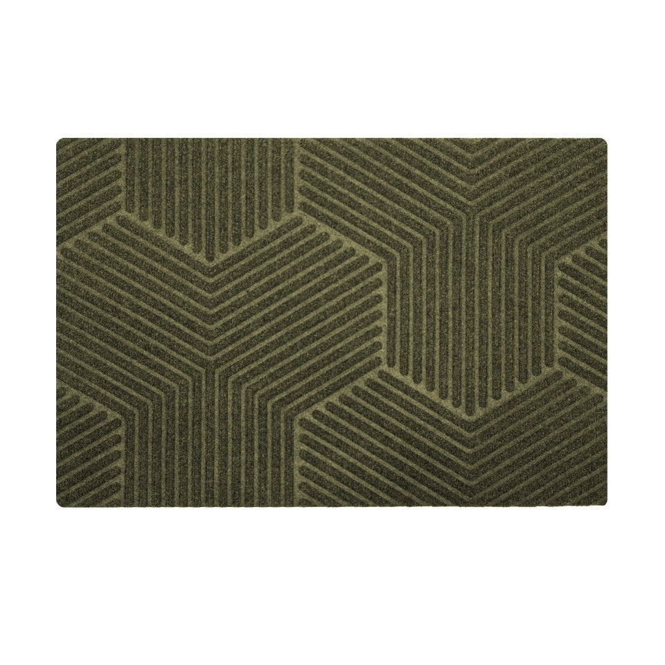Zephyr geometric pattern doormat in olive green. All weather bi-level doormat design