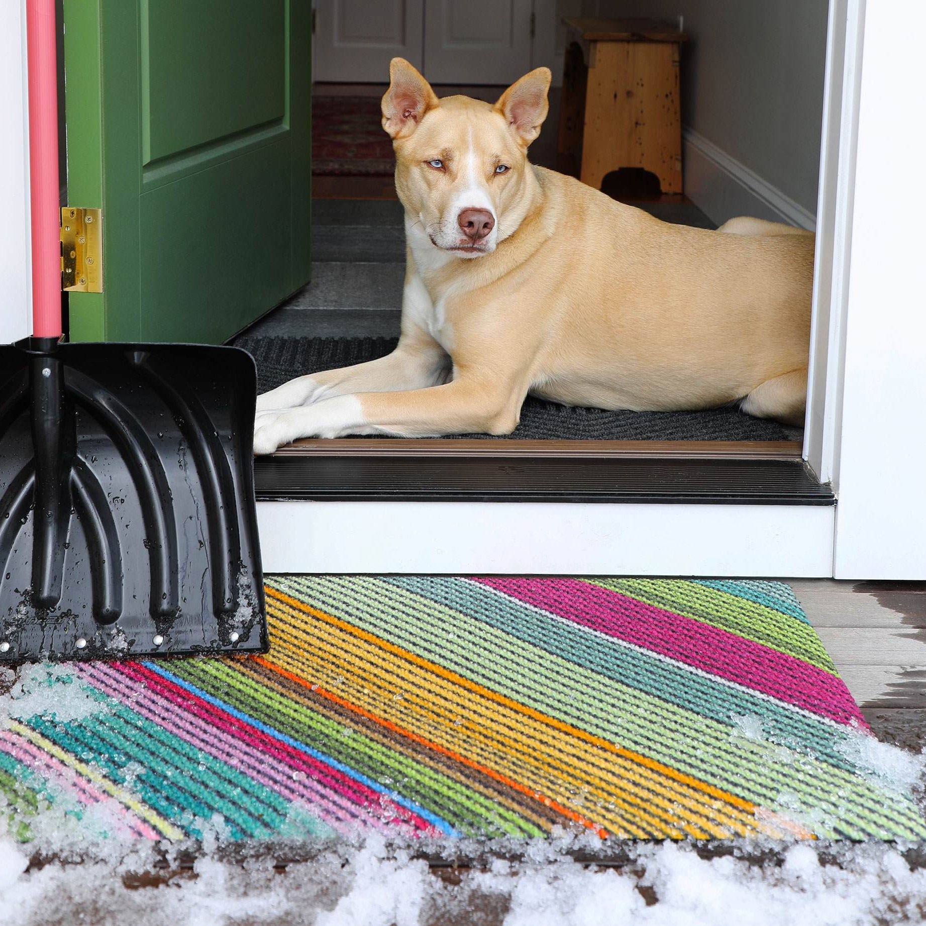 Bright bold multicolor diagonal striped single door doormat