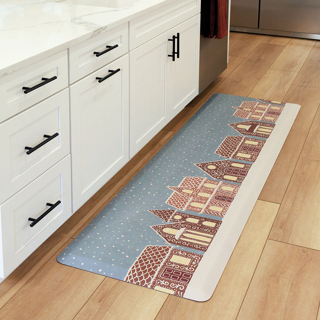 Gingerbread House Christmas anti-fatigue kitchen runner mat with wipeable surface and winter holiday design for kitchen comfort.
