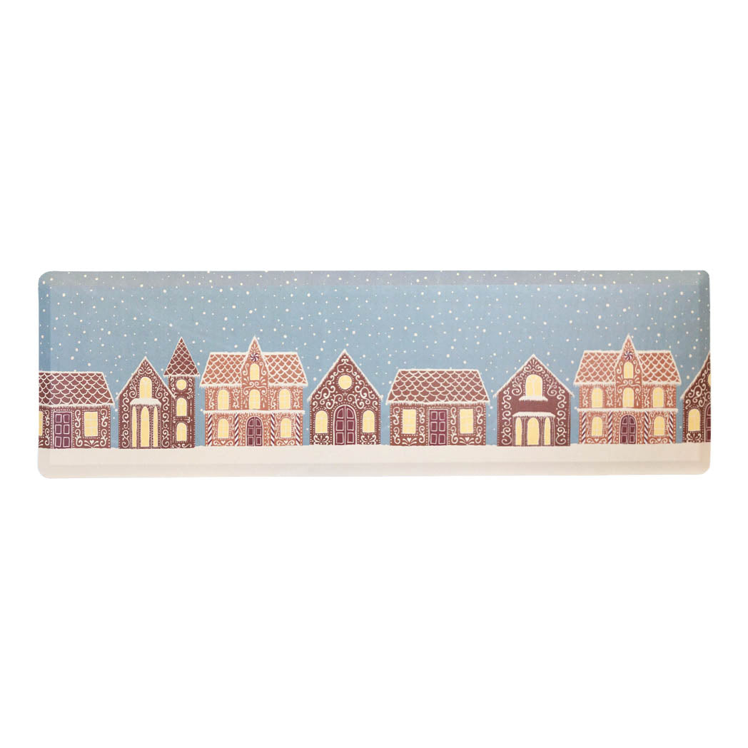 Gingerbread House Christmas anti-fatigue kitchen runner mat with wipeable surface and winter holiday design for kitchen comfort.