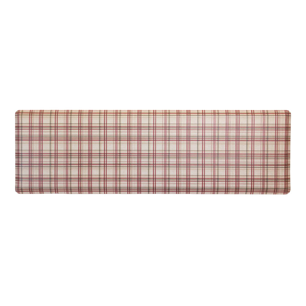 Classic red and green plaid design on a wipeable, comfortable standing runner mat on a white background