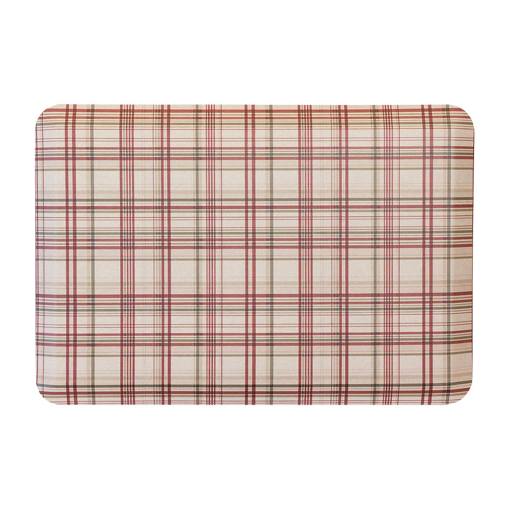 Classic red and green plaid design on a wipeable, comfortable standing mat on a white background