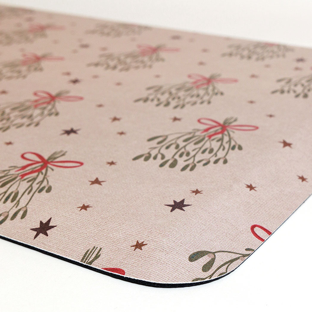 Merry Mistletoe Christmas corner detail anti-fatigue kitchen mat with wipeable surface and winter holiday design for kitchen comfort.
