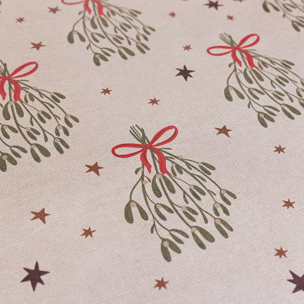 Merry Mistletoe detail of Christmas anti-fatigue kitchen mat with wipeable surface and winter holiday design for kitchen comfort.