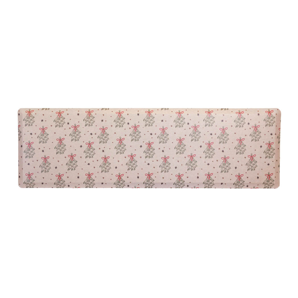 Merry Mistletoe Christmas anti-fatigue kitchen runner mat with wipeable surface and winter holiday design for kitchen comfort.