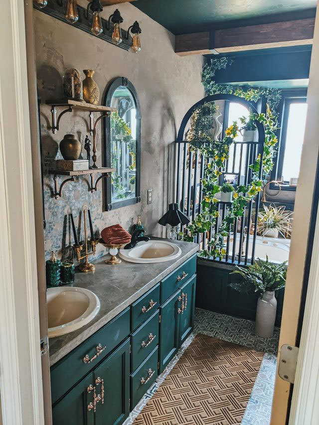 Moody bathroom makeover for one room challenge with painted tile floors and painted cabinets