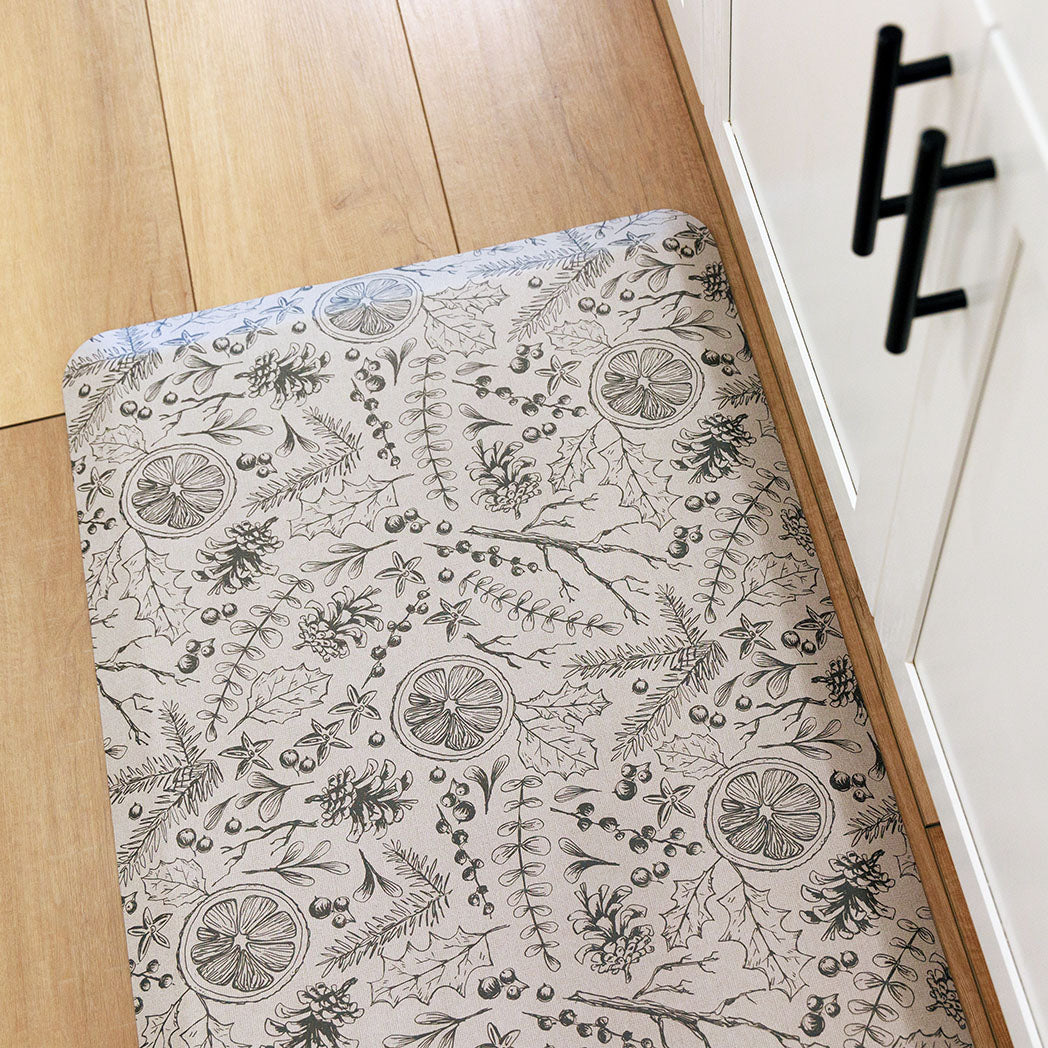 Fall Mulling Spice neutral anti-fatigue kitchen mat with wipeable surface and winter holiday design for kitchen comfort.