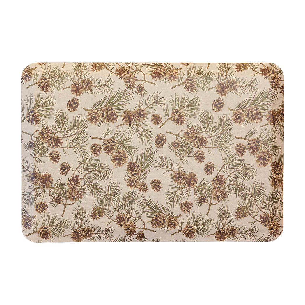 Pinecone fall anti-fatigue kitchen mat with wipeable surface and festive holiday design for kitchen comfort.