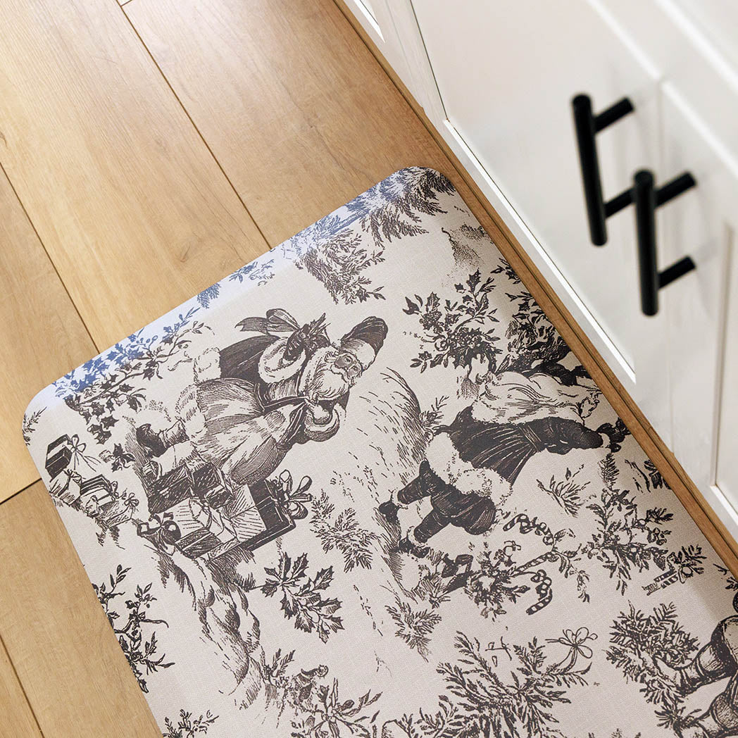 Santa Toile Christmas anti-fatigue kitchen mat with wipeable surface and winter holiday design for kitchen comfort.