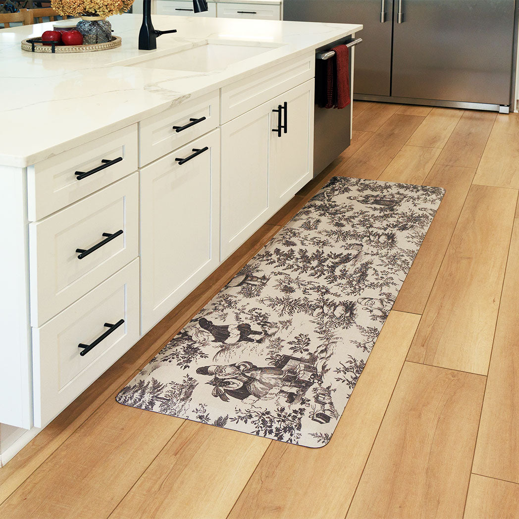Santa Toile Christmas anti-fatigue kitchen runner mat with wipeable surface and winter holiday design for kitchen comfort.