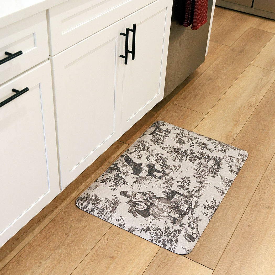 Santa Toile Christmas anti-fatigue kitchen mat with wipeable surface and winter holiday design for kitchen comfort.