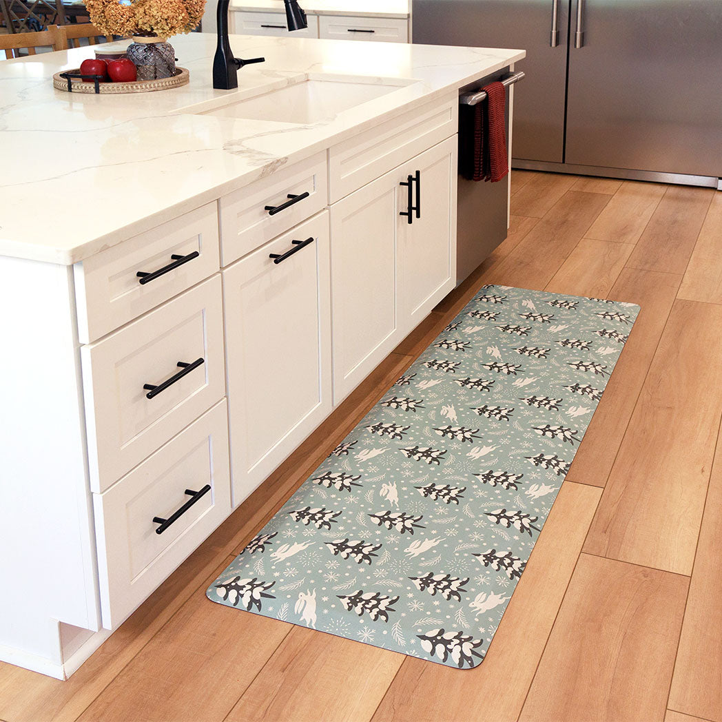 Snow Bunny fall anti-fatigue kitchen mat runner with wipeable surface and winter holiday design for kitchen comfort.