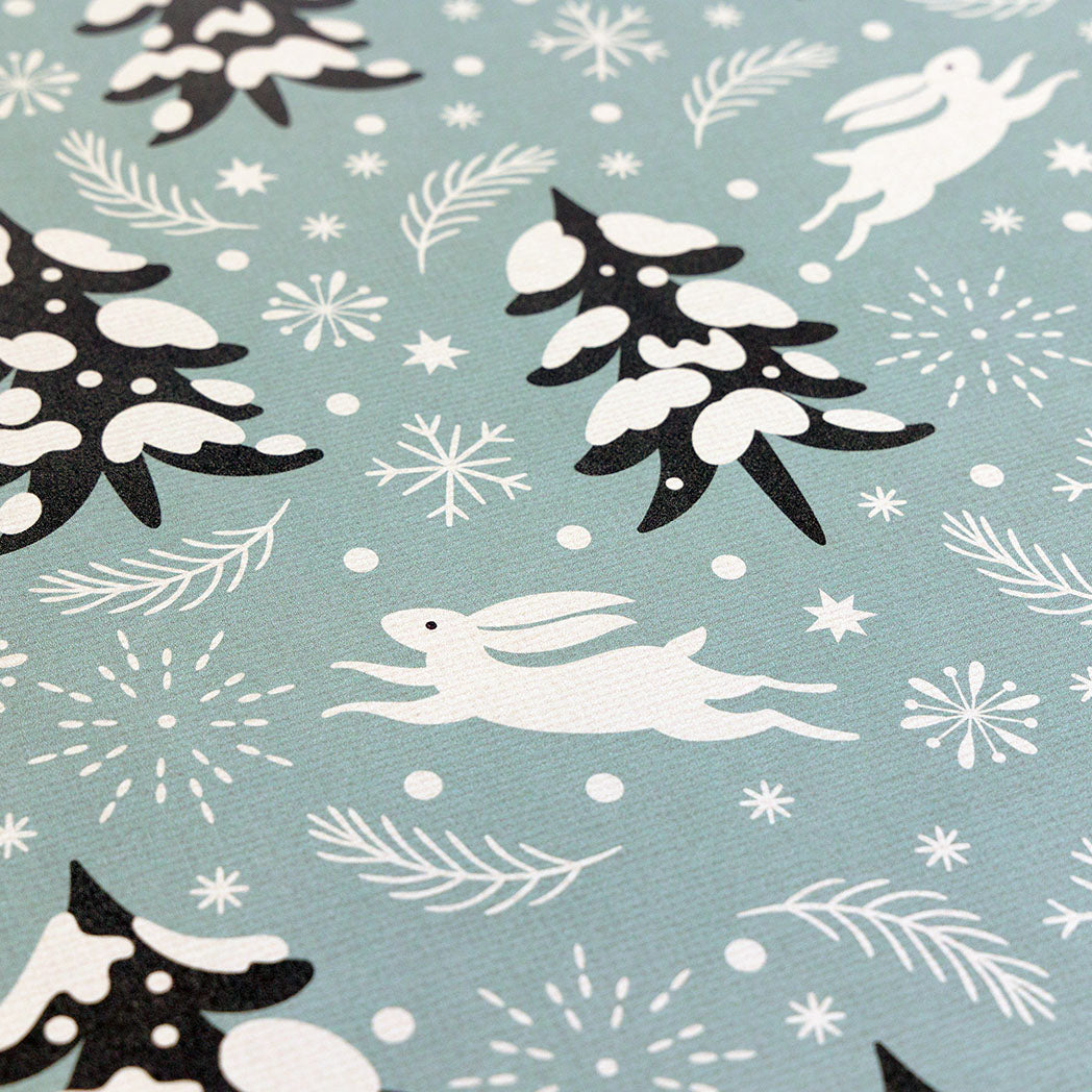 Detail of snow Bunny fall anti-fatigue kitchen mat with wipeable surface and winter holiday design for kitchen comfort.