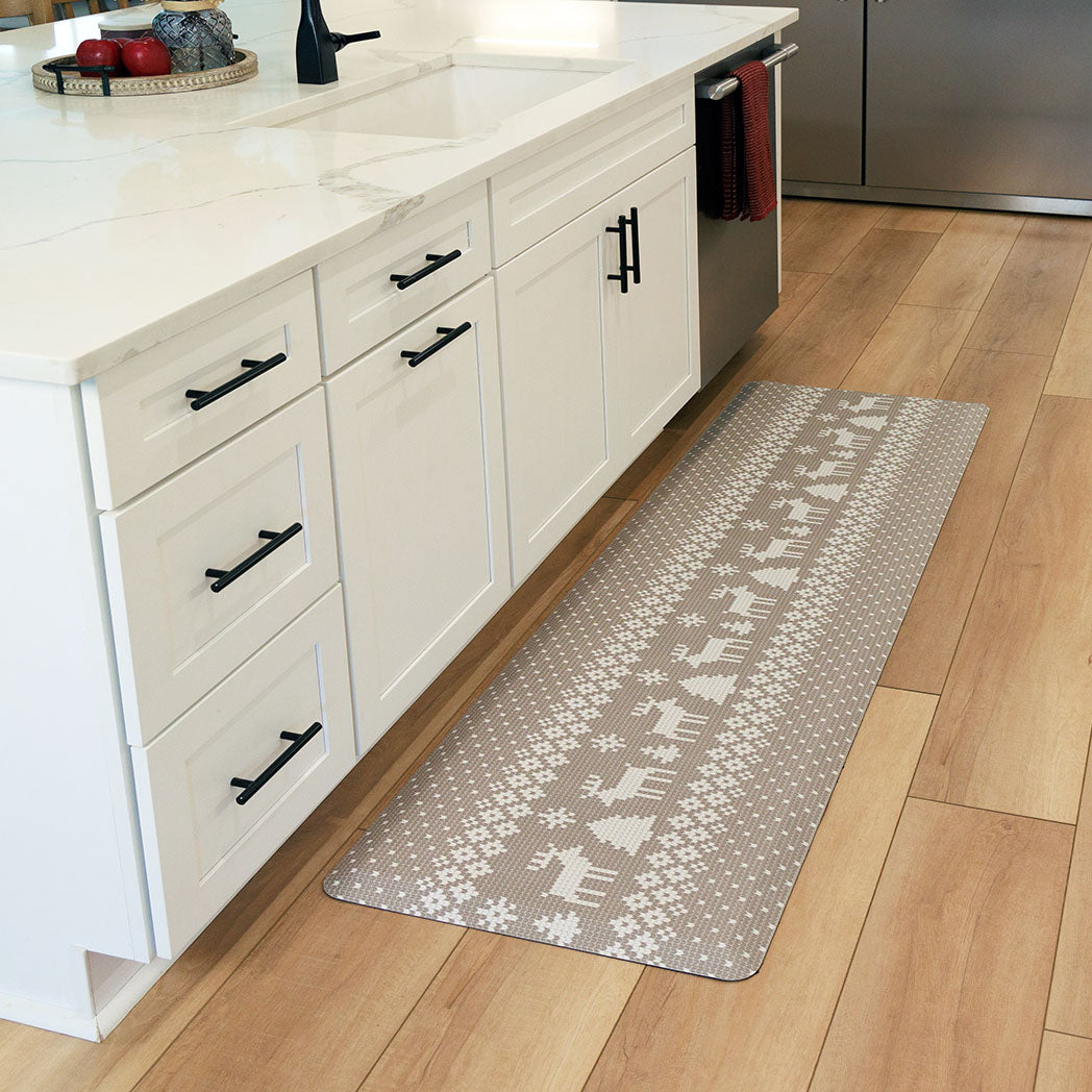 Christmas Sweater neutral anti-fatigue kitchen runner mat with wipeable surface and holiday winter design for kitchen comfort.