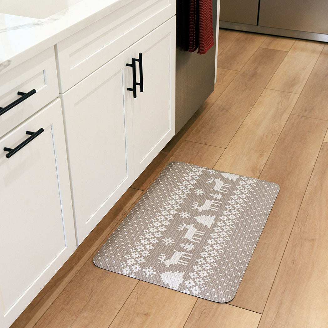 Christmas Sweater neutral anti-fatigue kitchen mat with wipeable surface and holiday winter design for kitchen comfort.